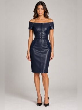 J. Mendel 🔥 Navy Off-Shoulder Lambskin Knee-Length Dress